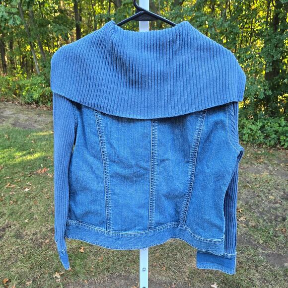 Liz Claiborne Denim Jean Jacket Knit Sleeves Shawl Collar Pocket Cuff Trim sz 14 - Picture 2 of 16